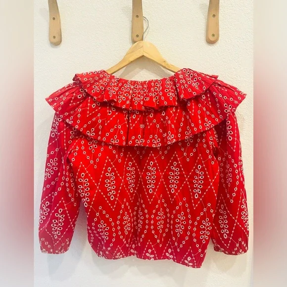 Zara Red/White Embroidered 3/4 Sleeve Ruffle Collar Top Size M - Picture 3 of 4